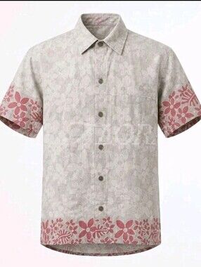 Xelos Hawaiian Shirt Mens Large Beige Red Floral Cotton Tropical Aloha USA Made